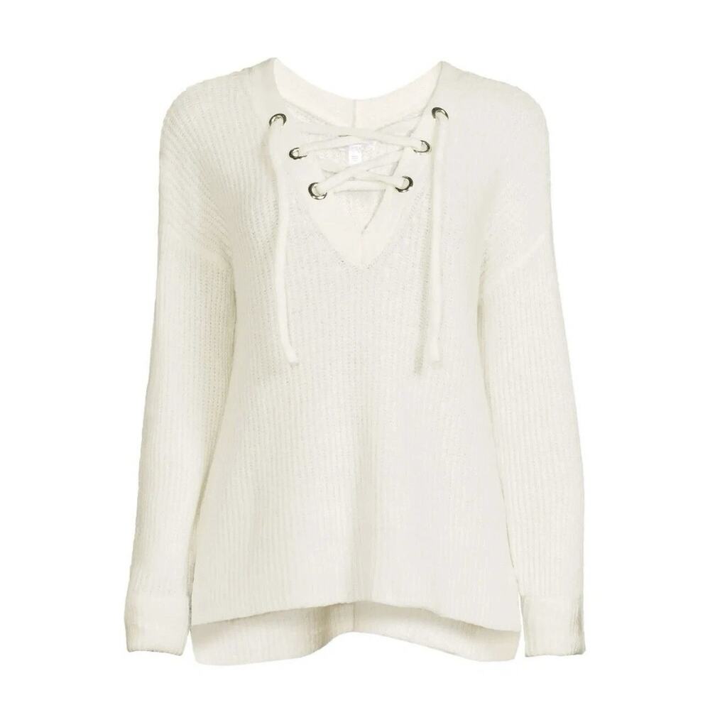 NO BOUNDARIES WINTER IVORY WHITE V-NECK LACE-UP PULLOVER SWEATER Size XL 15/17